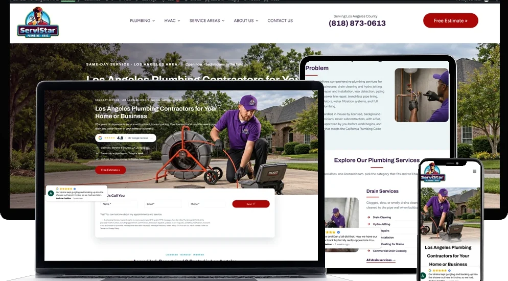 ServiStar Plumbing and HVAC Los Angeles plumbing website designed by Dreem Websites, shown on laptop, tablet and phone