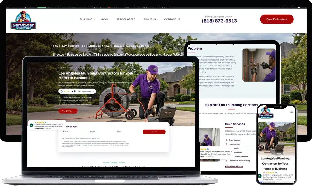 ServiStar Plumbing and HVAC Los Angeles plumbing website designed by Dreem Websites, shown on laptop, tablet and phone