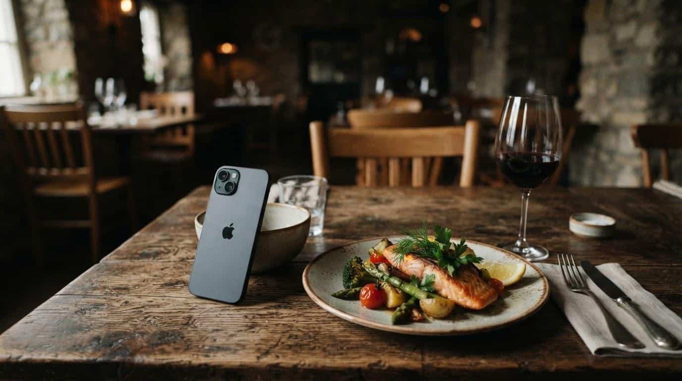 Untouched restaurant table with food and phone in Calabasas dining room illustrating poor social media presence