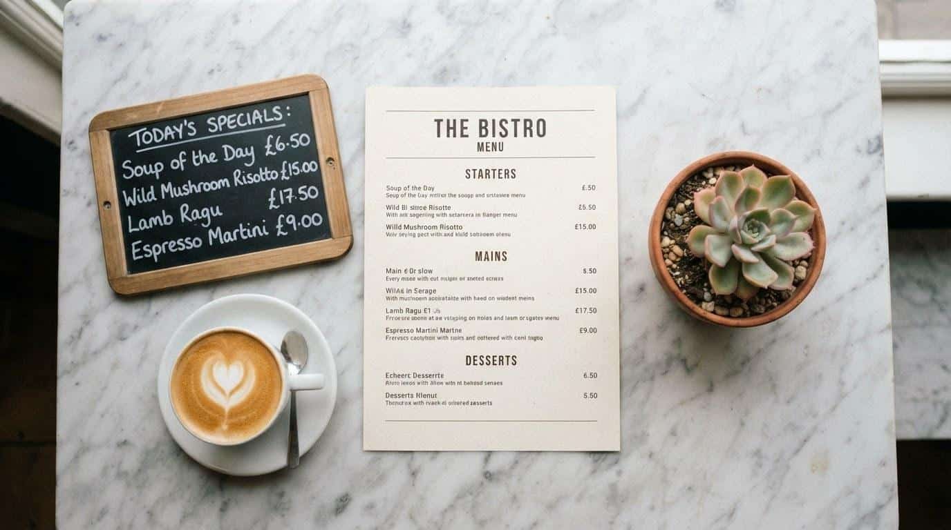 Restaurant menu and branding materials laid out for social media planning in Calabasas