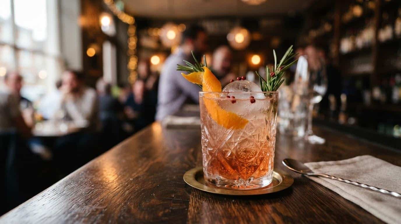 Signature cocktail on a Calabasas restaurant bar top ready for social media photography