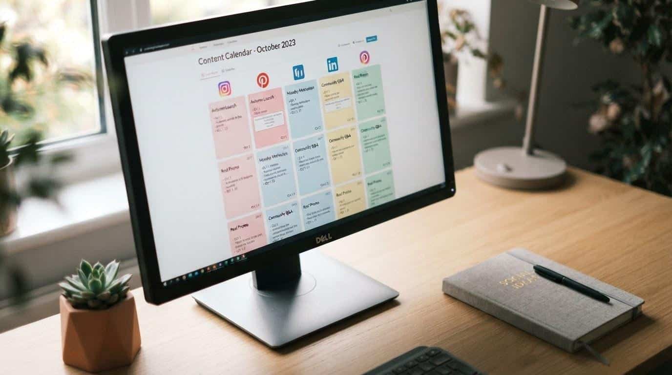 Social media content calendar on a desktop screen in a Calabasas marketing workspace
