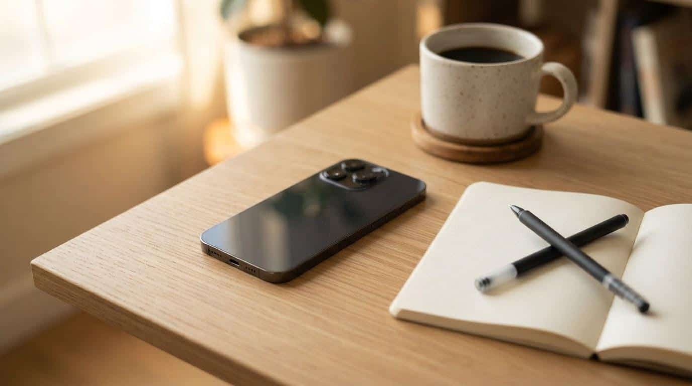 Smartphone and notebook on a desk representing social media marketing planning in Calabasas
