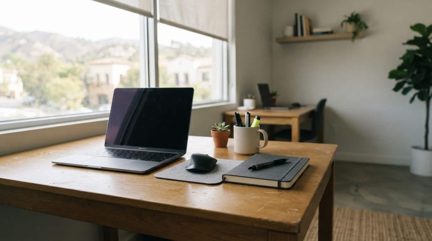 Marketing budget documents and laptop representing social media marketing costs in Calabasas