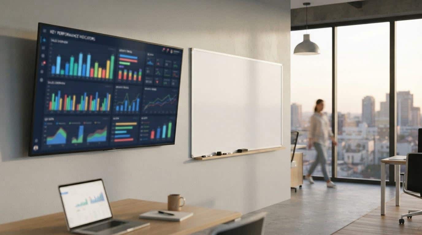 Analytics dashboard on office monitor representing social media marketing reporting in Calabasas