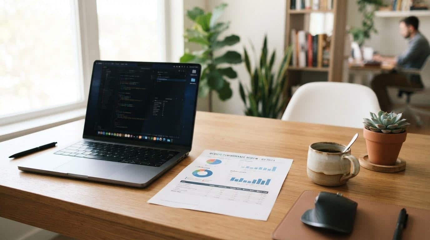 Website analytics report and laptop on a desk at a Calabasas web design studio