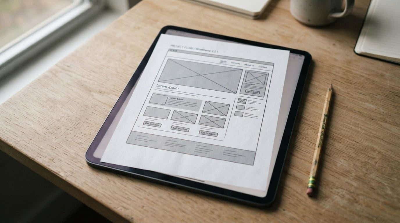 Website wireframe printout on a desk during the design stage of a Calabasas website redesign