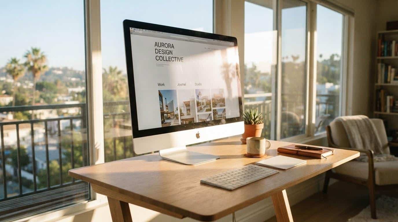 Finished custom website on a monitor in a Calabasas web design office